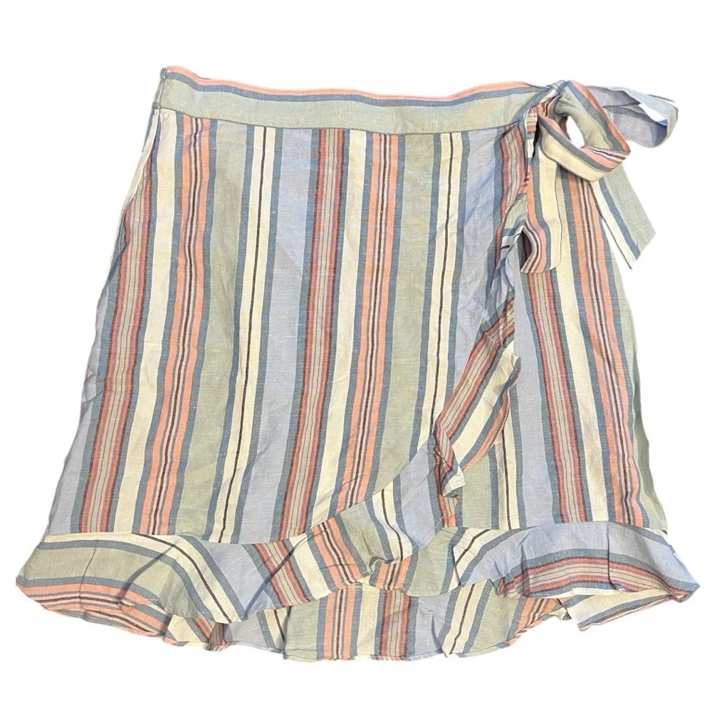 NWT Loft Front Wrap Skirt Pastel Striped Ruffle Back Zip Green Blue Pink Size 12